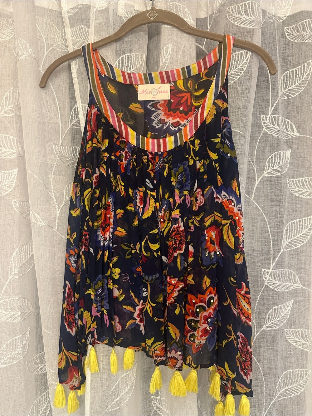 Miss June Paris Navy Floral Tassel Hem Tank Top - Picture 1 of 8